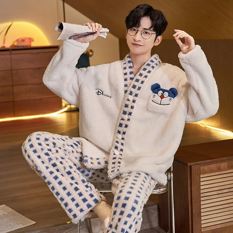 Winter Men's Flannel Pajamas Set V-neck Coral Velvet Cardigan Plush Thickened Warm Home Clothing Loose Casual Sleepwear