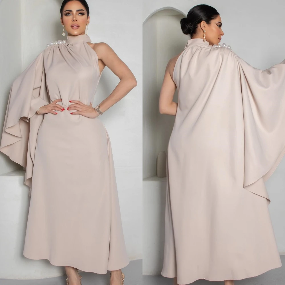 Jersey Pearl Ruffles Draped Evening A-line High Collar Bespoke Occasion Gown Long Sleeve Dresses