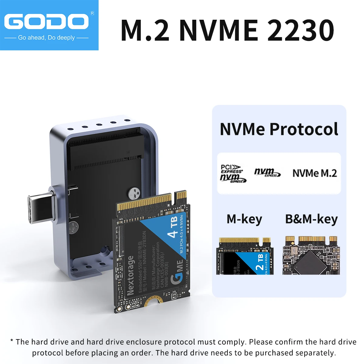 GODO 2230 타입-C USB M.2 NVMe SSD 인클로저 직접 연결 디자인 휴대용 외장 케이스 (폰/PC/Mac용)