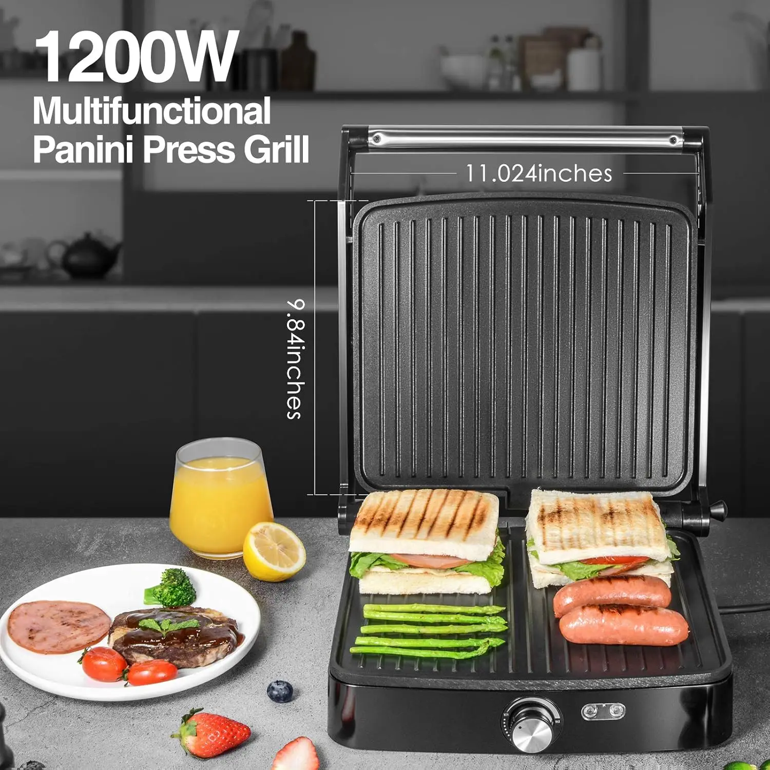 1200W Panini Press Grill with Adjustable Temperature, 4-Slice Indoor Grill, 180° Open Sandwich Maker with Drip Tray 2