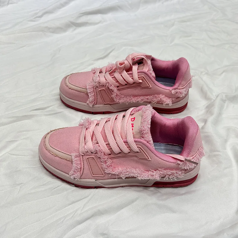 2024 new spring and autumn pink denim fringed retro bread shoes for women couples niche sports casual shoes for men 2