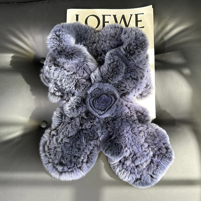 Doppelseitig gestrickter echter Rex-Kaninchenfell-Schal für Damen, handgefertigt, gerüscht, für den Winter, warm, modisch, flauschiger Wickel – Detail 22