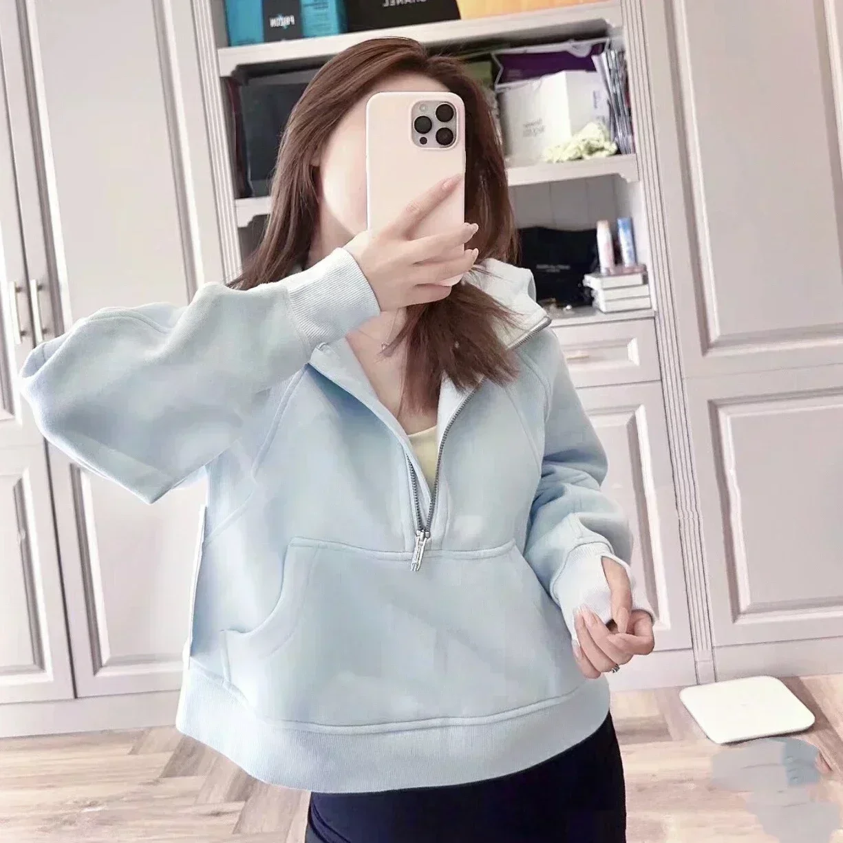 Lemon Scuba Oversized Hoodie Half Zipper Women Warm Fitness Hooded Sweatshirts Ladies Gym Sports Coat Outdoor Workout Sportswear