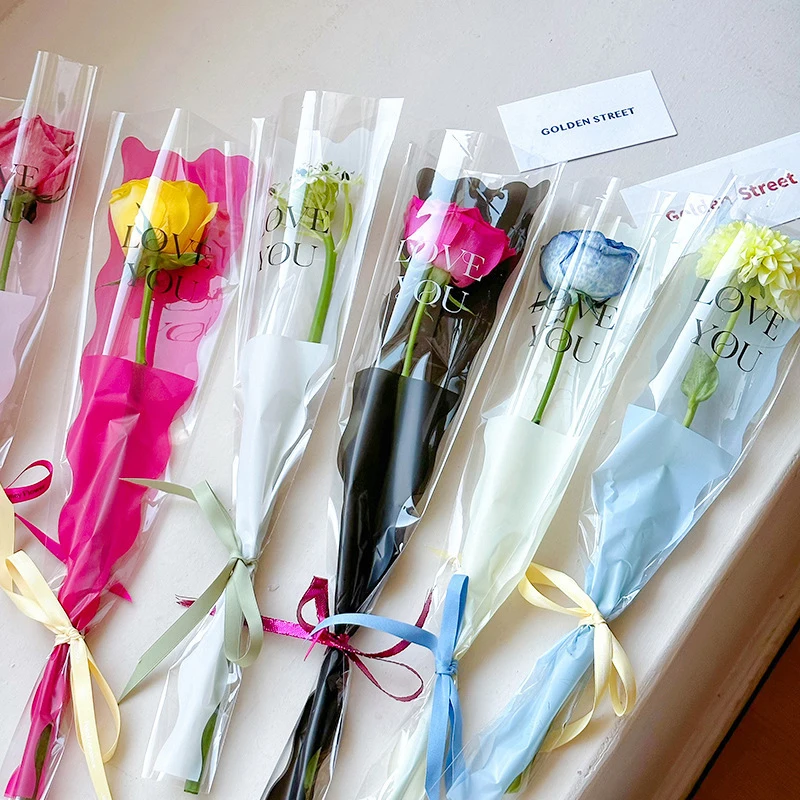 10pcs Single Rose Sleeves Flower Wrapping Bag Bouquet Packaging Bags Clear Cello