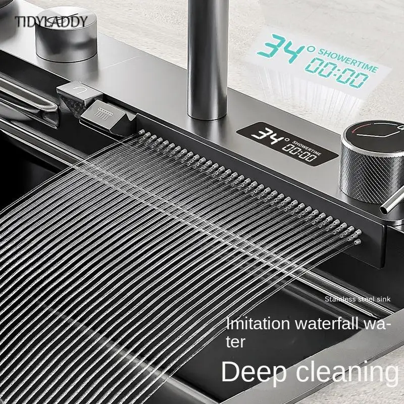 Digital Display Waterfall Sink Multifunctional Stainless Steel Large Single Slot Kitchen Accessories Gourmet Faucet Kitchen 5
