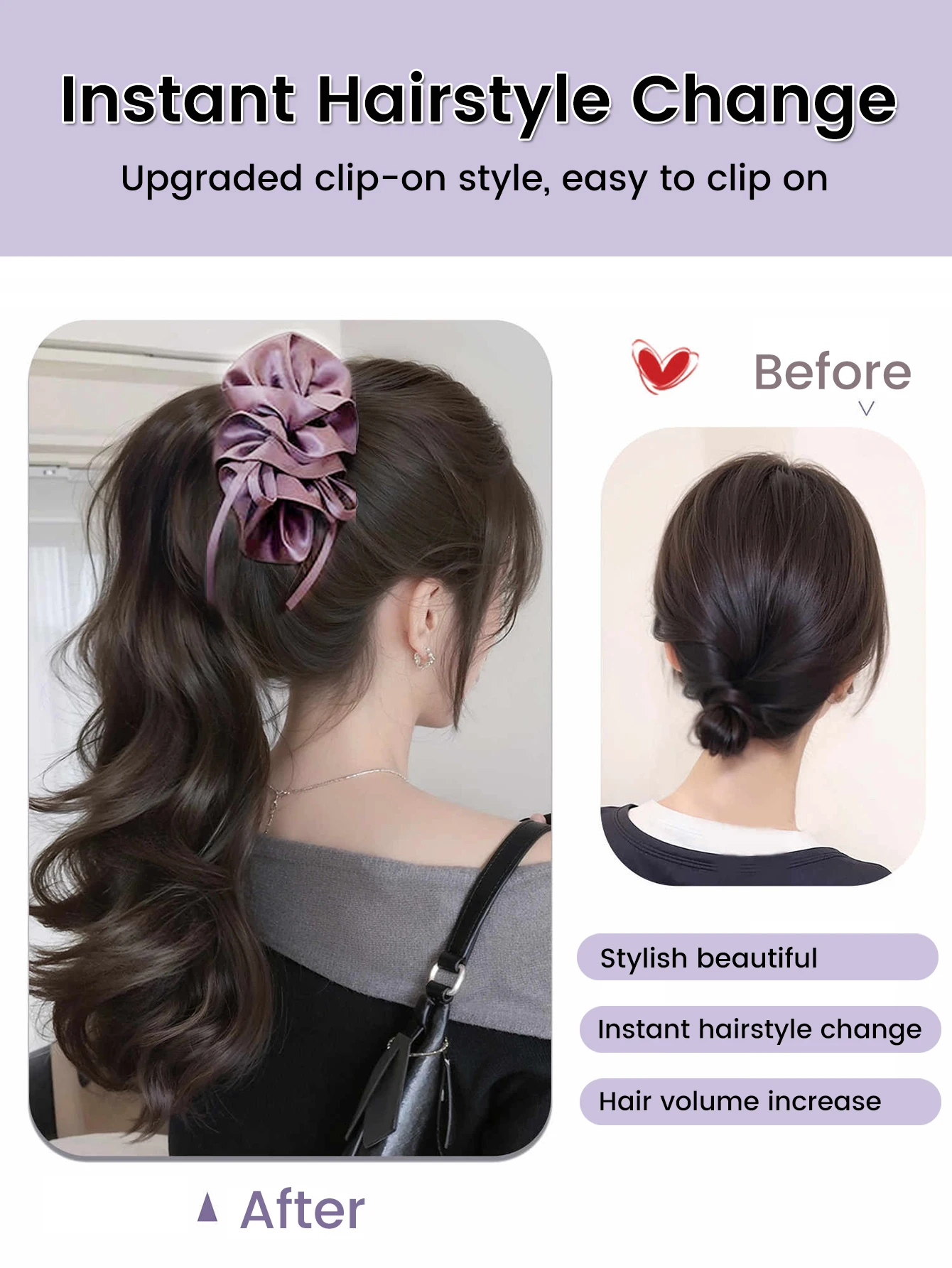 Banana Clip Long Wavy Ponytail Synthetic Clip in Hairtail Extension Fluffy Black Ponytail Wig with Red Flower Hair Accessorie