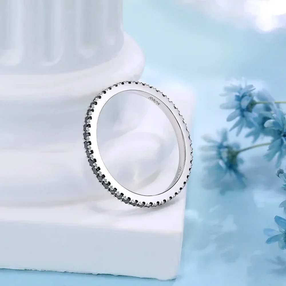 여성을위한 1.4mm 블랙 Moissanite 반지 S 웨딩 밴드 18K 화이트 골드 도금 실험실 다이아몬드 반지 파인 쥬얼리