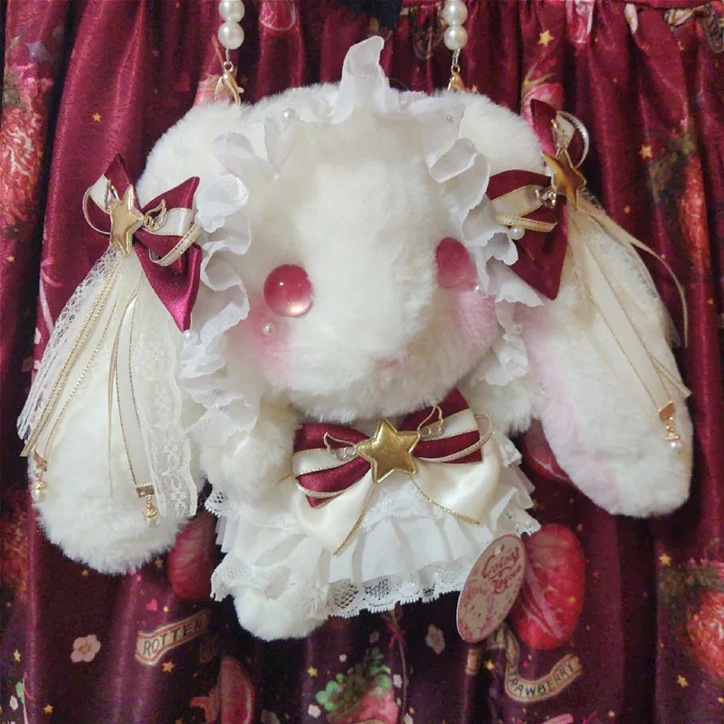 

Lolita Kawaii Long Ears Rabbit Plush Beast Aslant Bowknot Cute Bag Lolita Lace Package Cosplay Plush Cross Body Bag Girls Gifts