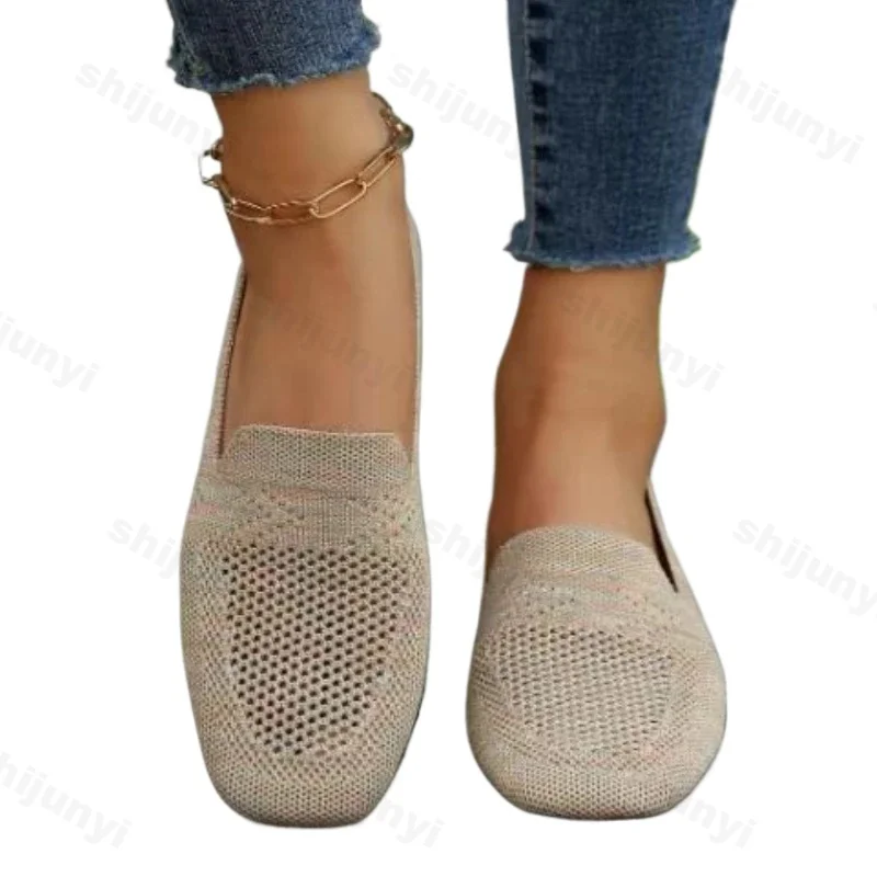 Women Shoes Women Flats Casual Shoes Solid Color Square Toe Mesh Loafers Women Flats Soft Bottom Knit Ballet Flats Casual Slip on
