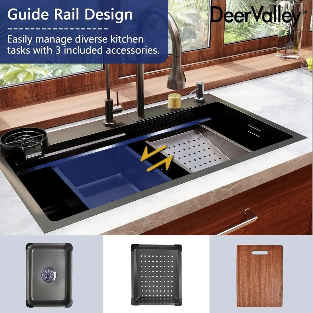 32 Inch , Stainless Steel Single Bowl Kitchen Sink w/Faucet Combo, Glass Rinser and Accessories, Black, 3