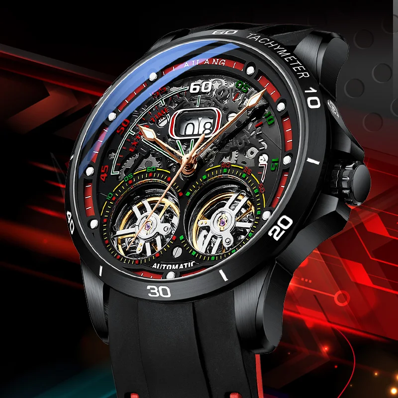 

AILANG 2020 new men's watch double tourbillon watch automatic hollow machine watch silicone belt section men's luminous waterpro