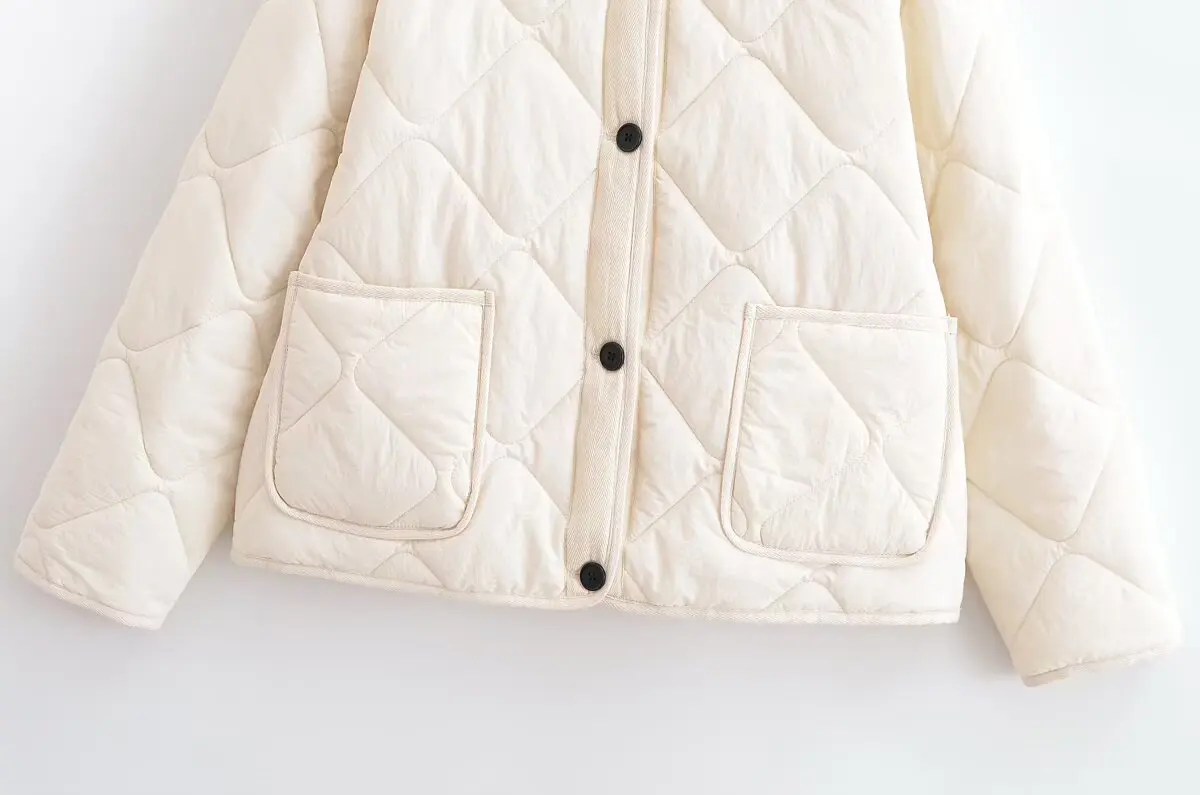 Woman Loose Quilted Jacket Coat O-Neck Single Breasted Pocket Solid Color Cropped Jacket Simple Autumn Winter New Chic Outwear