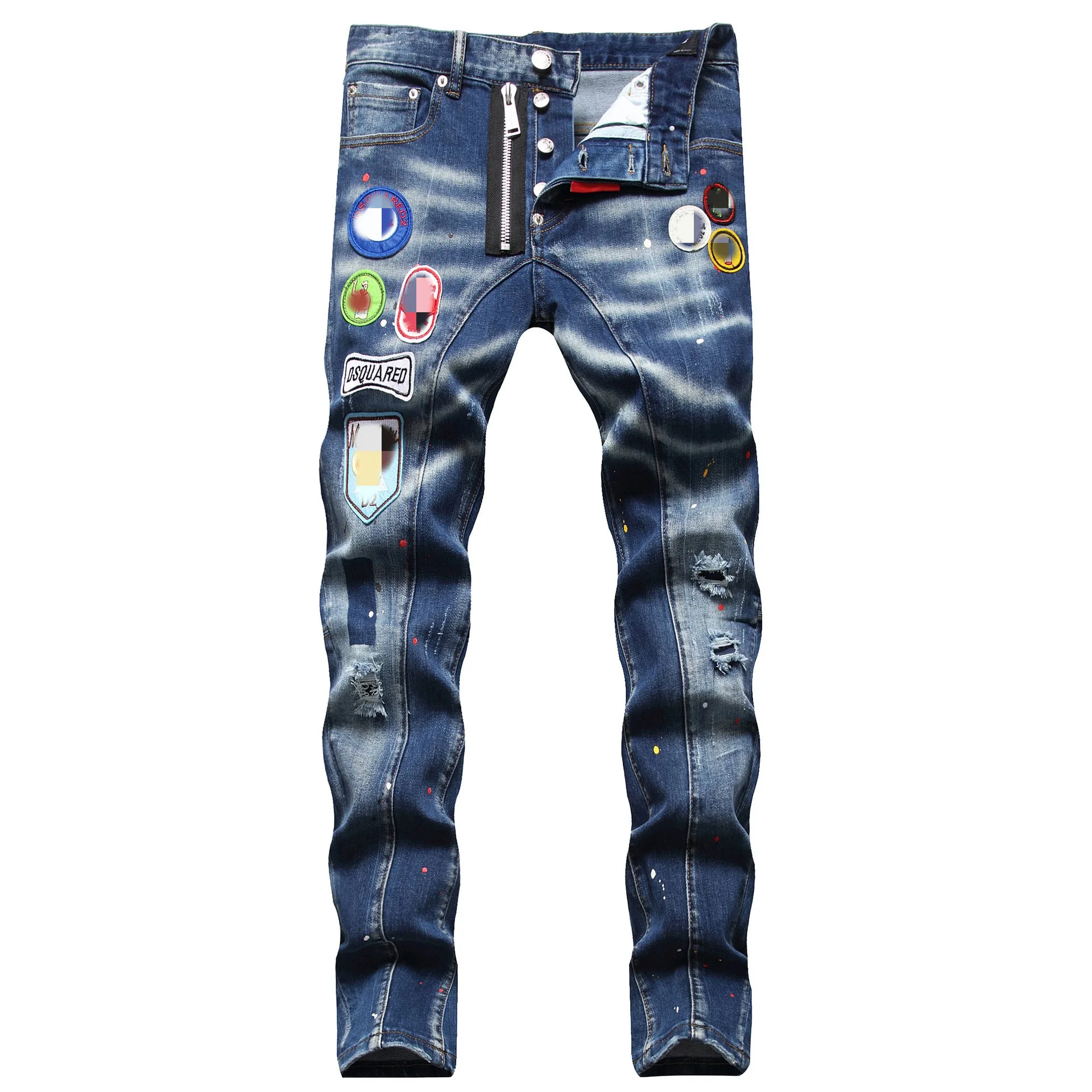 European and American fashion badge embroidery stretch hole hand-painted small straight leg jeans for men