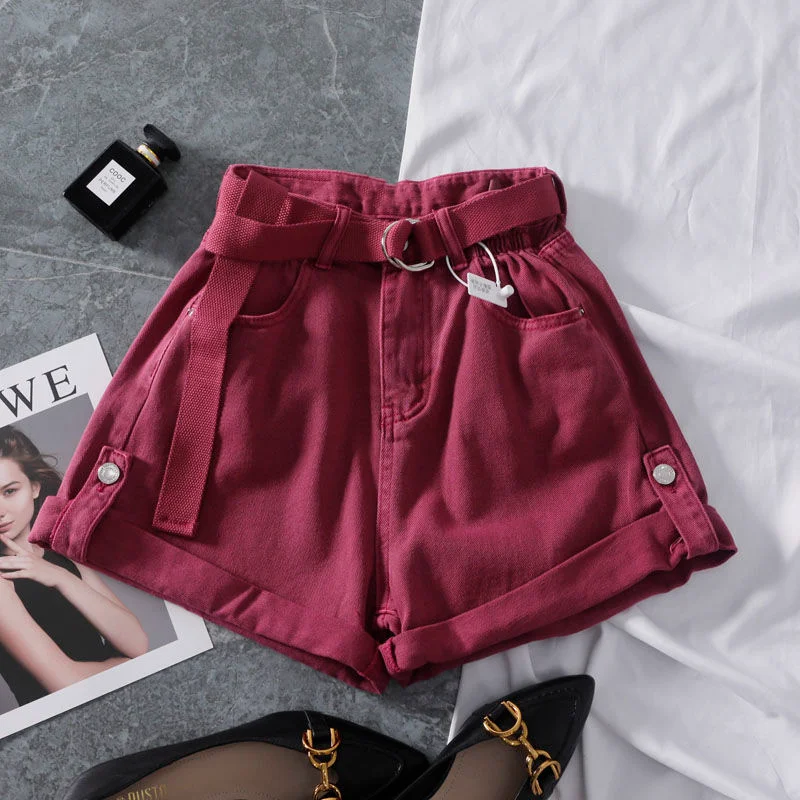 Women Summer Korean New High Waist Casual Fashion Curled Shorts Button Waist Belt Zipper Pocket Versatile Wide Leg Half Pants