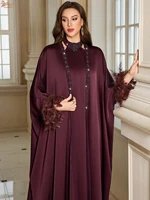 Eid femmes musulmanes plumes diamants Kimono Cardigan robe intérieure 2 pièces ensemble de luxe dubaï Abaya caftan Djellaba Jalabiya islamique 3