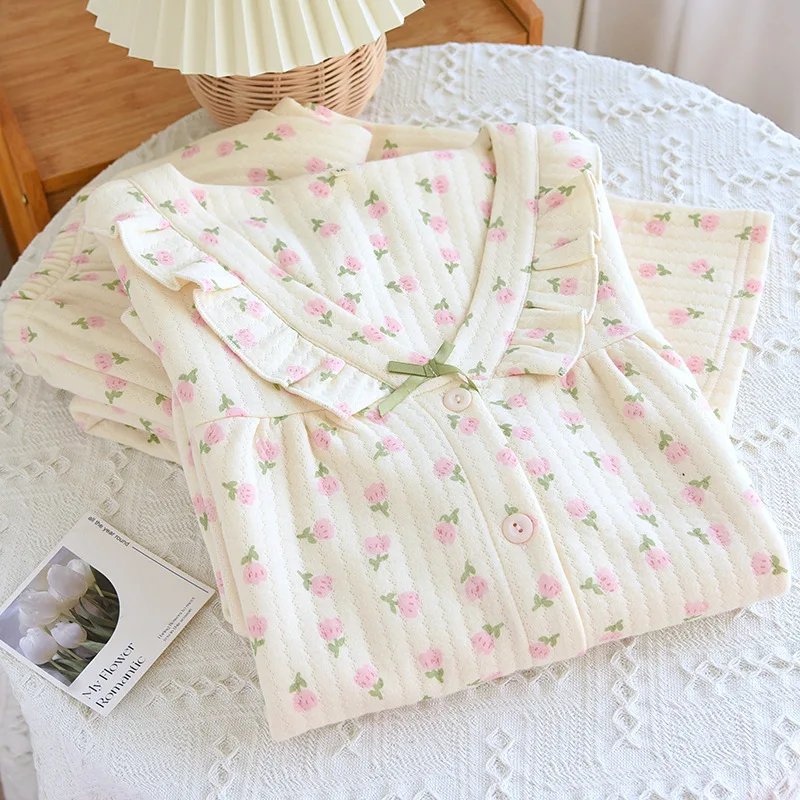 Pure Cotton Floral Print Pijama Sets For Women 2 Pieces Home Wear Sleepwear Women's Set Long Sleeve Female Underwear Pyjama