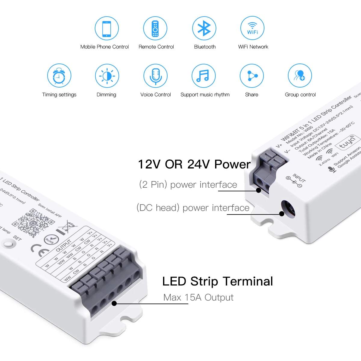 5 in 1 Tuya Smart WiFi RGB LED Strip Light Controller Voice Control With Alexa Google Home For RGBCCT RGBW CCT Single Color LED