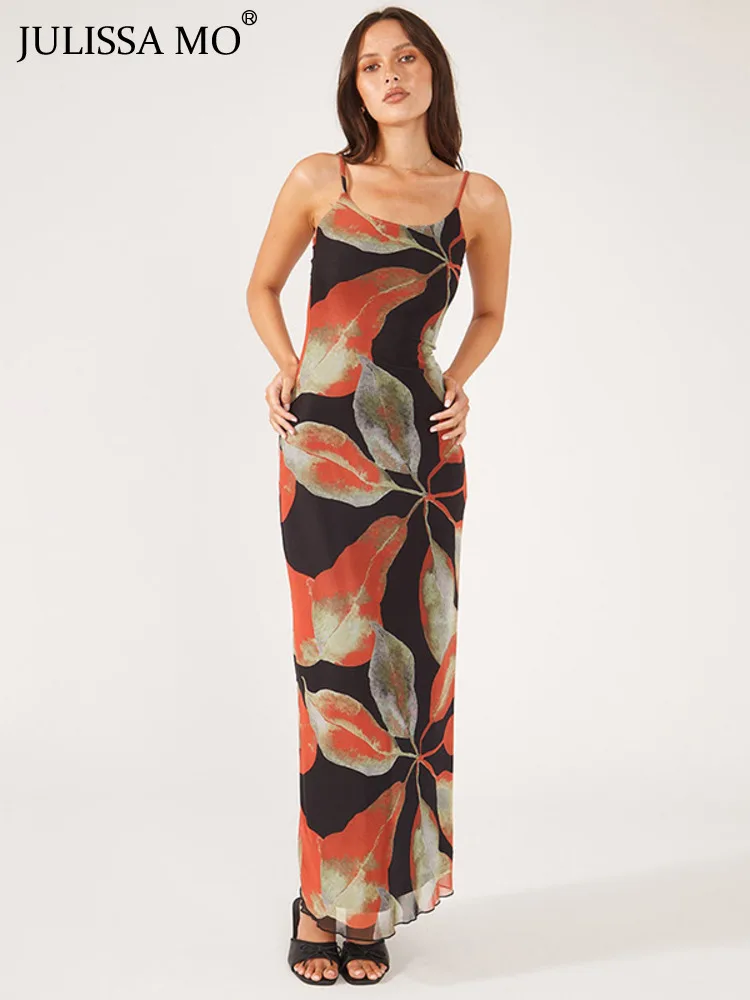

JULISSA MO Elegant Print Floral Off Shoulder Backless Slip Beach Holiday Maxi Dress Women 2024 Sexy Slim Mesh Long Dresses