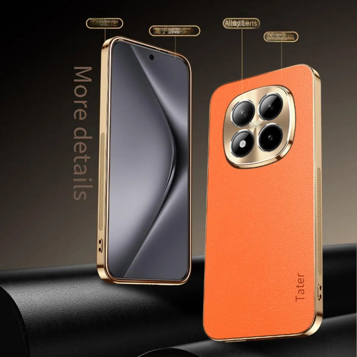 Luxury Vegan Leather Phone Case with Alloy Lens Frame and Shockproof Design