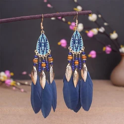 Boho Feather & Tassel Handmade Enamel Earrings (Navy Blue-103)