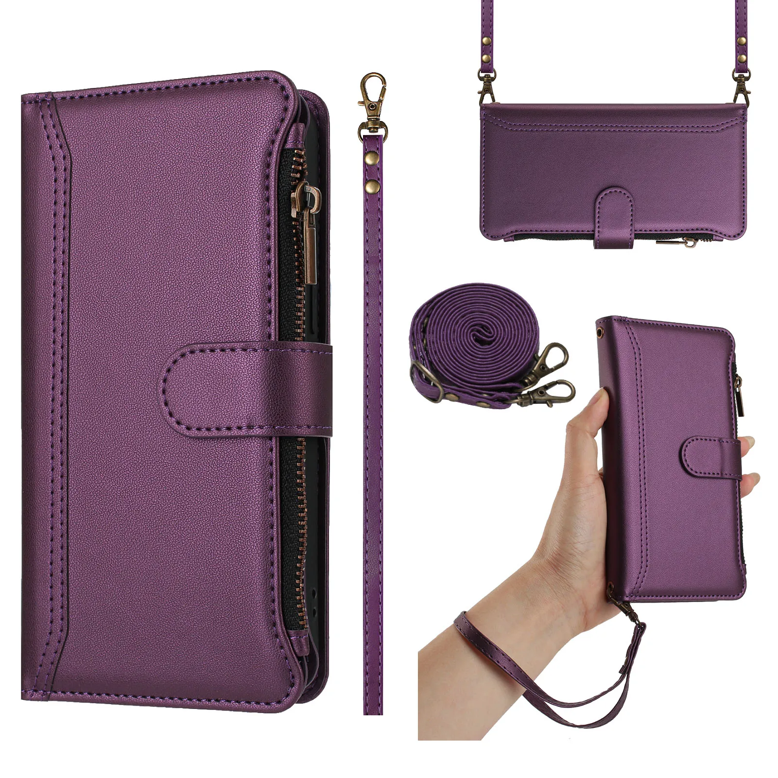 Multi-Card Leather Shoulder Wallet Case with Wireless Charging and Lanyard Flip Cover