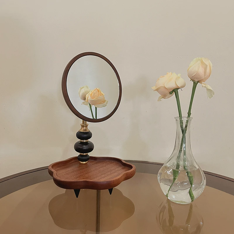 

Desktop Solid Wood Makeup Mirror Rotatable with Storage Dresser Retro Cosmetic Mirror Rotatable Vintage Round Vanity Mirror