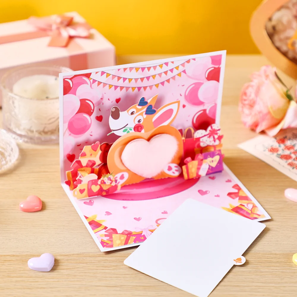 3D Pop-up Greeting Card Lovely Heart Puppy Balloon Cartoon Valentine's Day Gift For Wife Lover Girlfriend