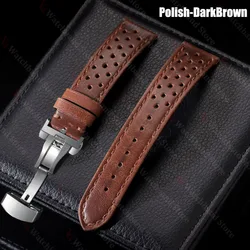 Universal Genuine Cowhide Leather Watch Band with Butterfly Buckle - Vintage - Style Breathable Strap - 22mm (Polish - Dark Brown)