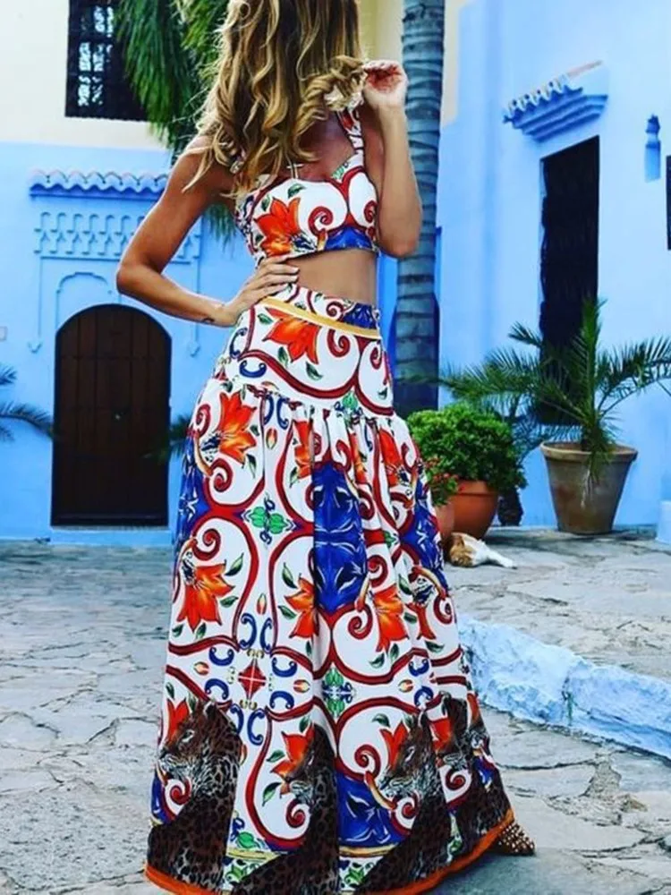 Bohemian Style Print Skirt Two Piece Set For Women Sexy Crop Camisole Casual Beach Holiday A-line Skirts 2 Piece Sets Female New