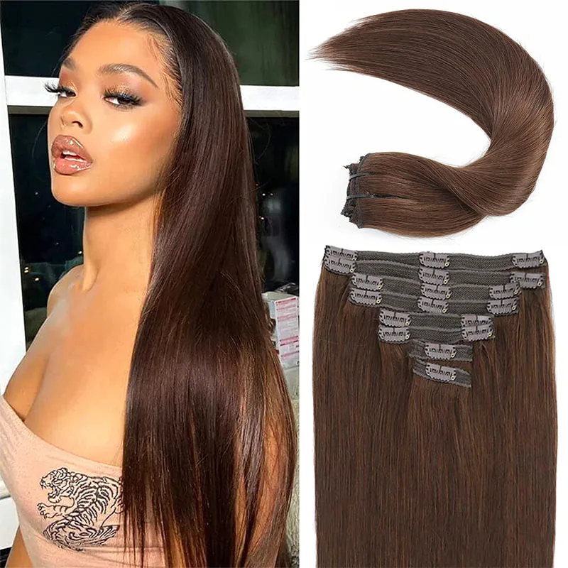 Clip In Hair Extensions #4 Brown Hair Real Human Double Weft 8pcs 26 Inch Extensions Clip In Straight Human Woman