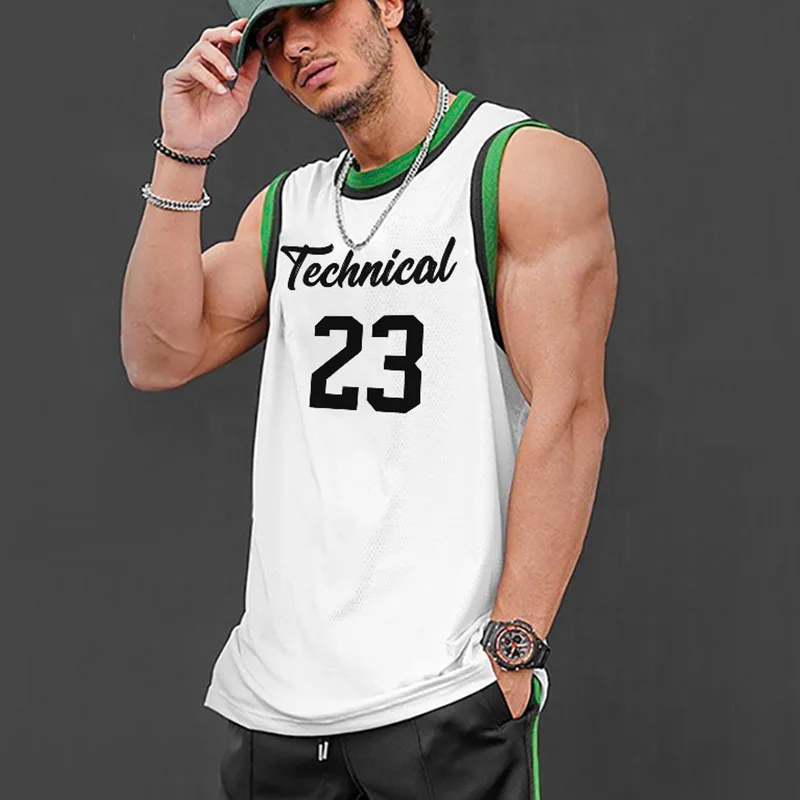 

Tank top thin mesh sports sleeveless T-shirt quick-drying print can't shoulder gym clothing bodybuilding