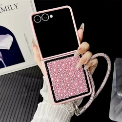 Luxury Glitter 3D Pearl Teardrop Mobile Phone Case - Candy Color Protective Back Cover - Galaxy Z Flip5 (PINK with Strap)
