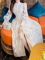 فستان نسائي مطرز ، مجوف ، نحيل ، دانتيل ، منقسم ، منتصف الساق ، طية صدر ، سحاب ، موضة جديدة ، صيف ، 13DB1438 1