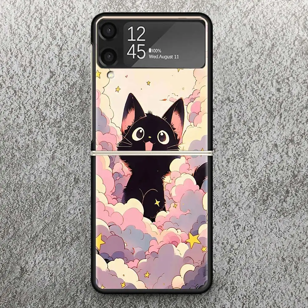 Anime Cute Black Cat Meow Zflip4 Zflip5 Phone Case For Samsung Z Flip3 Flip4 Flip5 5G ZFlip 4 5 3 Cover Cellphone Shell Fundas