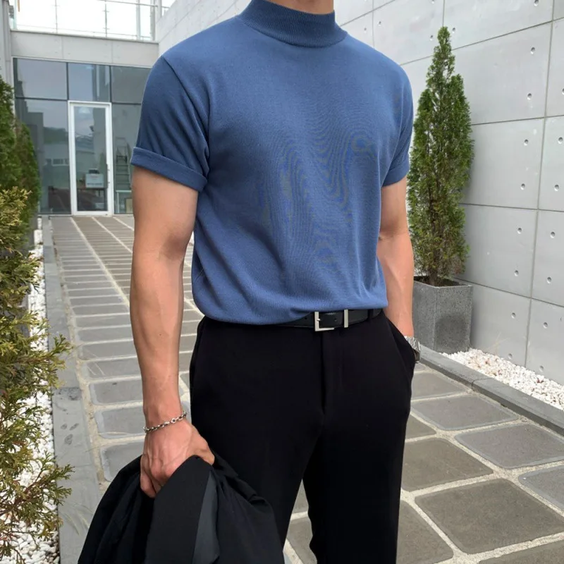 

2023 Summer Tee Knitted Short Sleeve Half High Neck T-Shirt Men's Slim Pullover Round Neck Solid Knitting Shirtes Korean