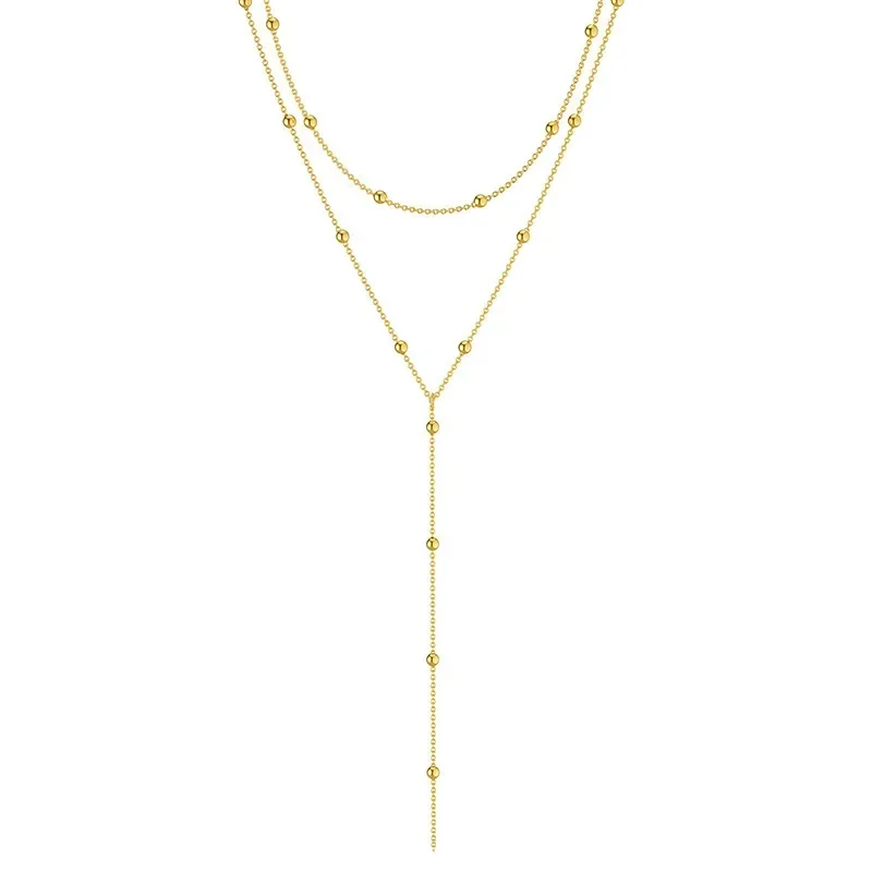 Collana girocollo con perline geometriche in metallo semplice, con catena a nappa lunga a doppio strato color oro LATS, per donna_voghion.com