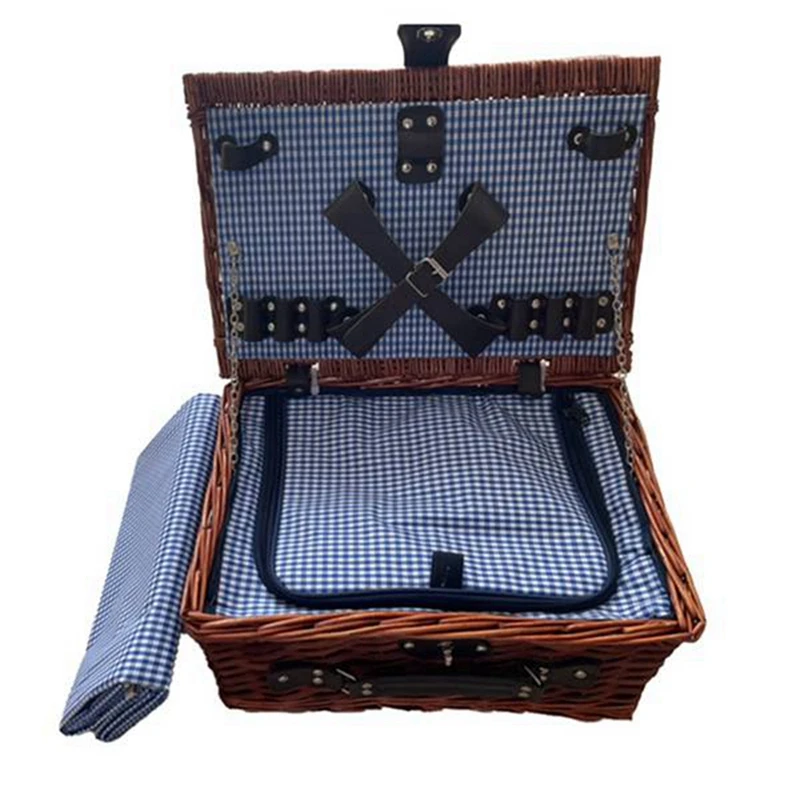 

Suitable For 4 People Wicker Picnic Basket Outdoor Camping Lunch Box Set Ice Bag Insulation Portable Shopping Bag (Blue)