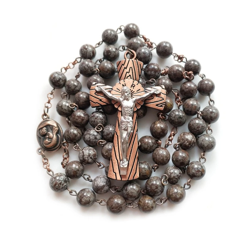 

Retro Big Jesus Cross Necklace Stone Beads Strand Rosary Catholic Women Men Jewelry