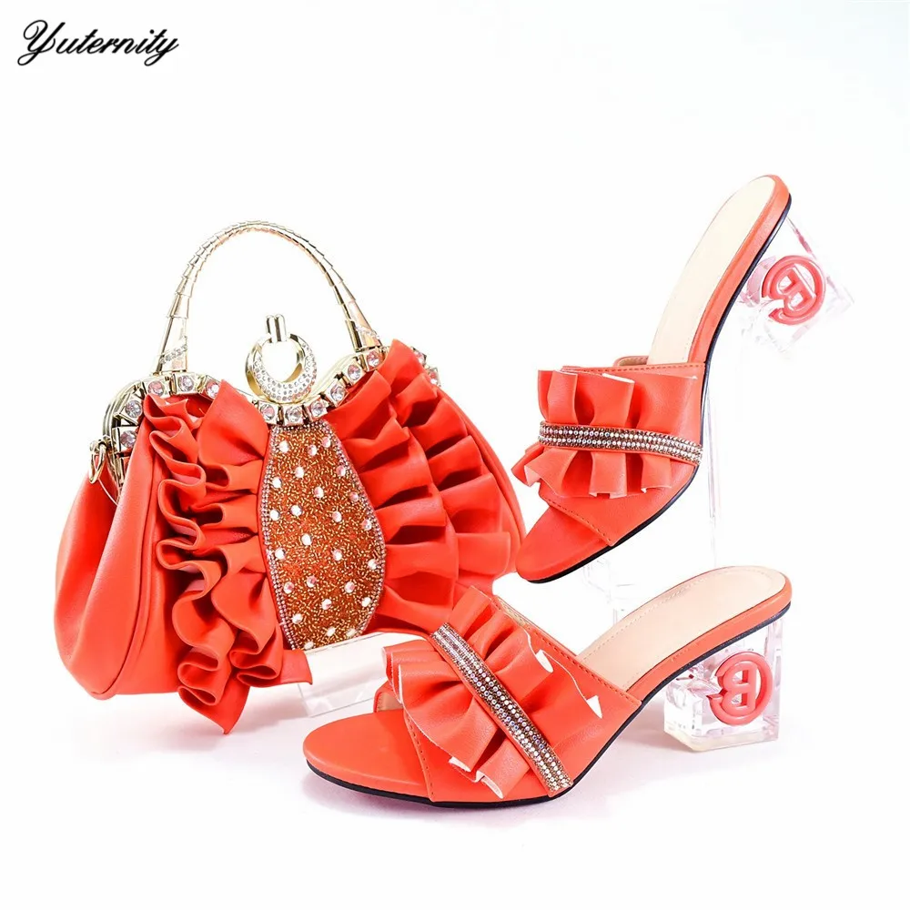 

Orange Color Fashion Rhinestone Shoes And Purse Set Hot Sale Pretty Sandal Pumps Shoes And Bags Set For Wedding Dress