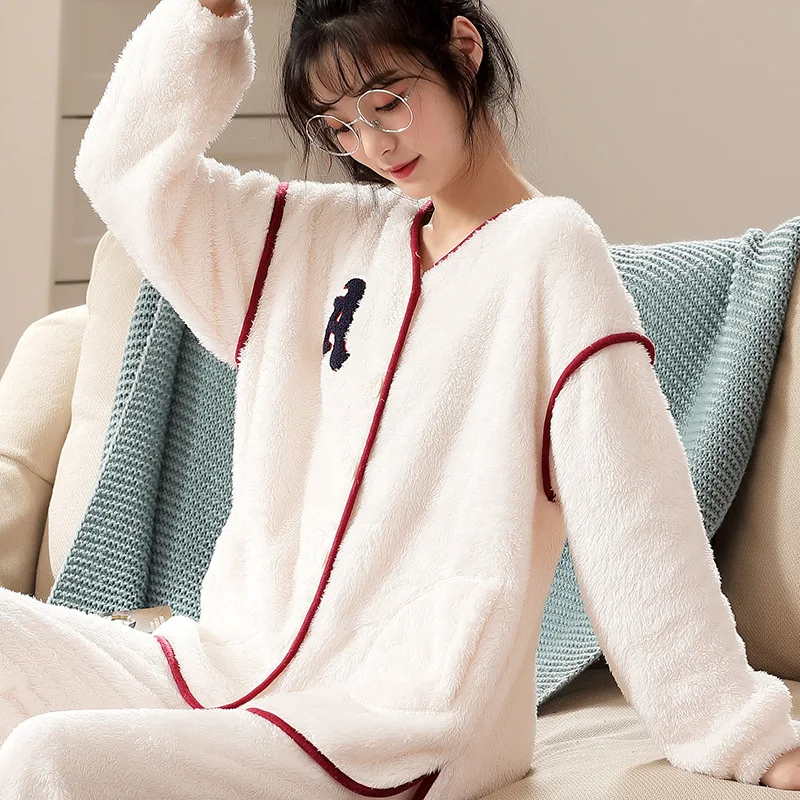 Sleepwear Pajamas Women Pajama Sets Warm Flannel Kawaii Clothes Coral Fleece Long Sleeve Fleece Sleepwear Loungewear Sets Korean