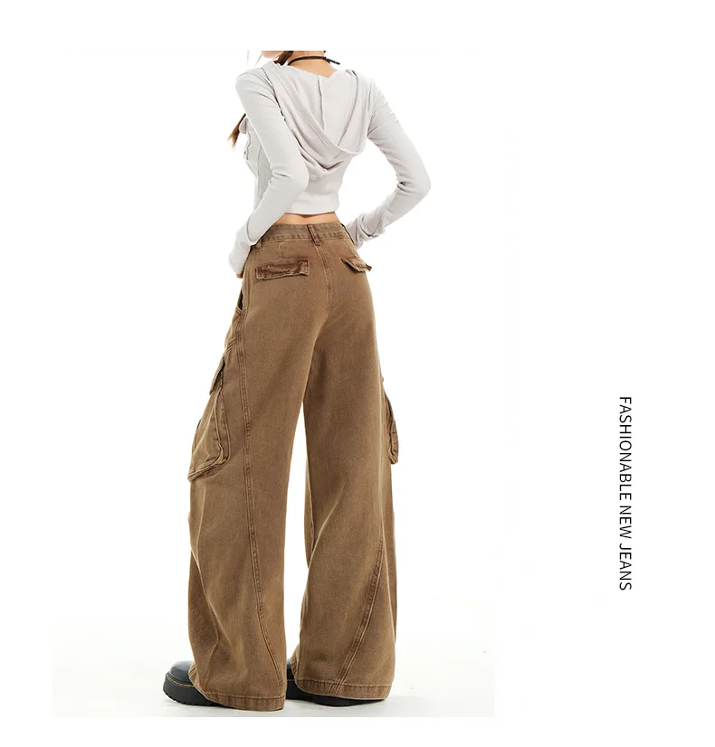 Retro Casual High Waisted Baggy Cargo Jeans Women Washed Distressed Wide Leg Pants Brown Denim Y2K Streetwear Vintage Trousers