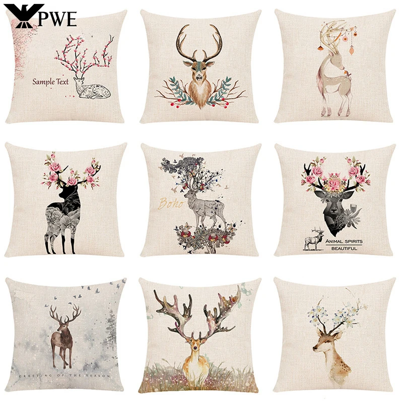 

Linen Painted Milu Deer Pattern Print Pillow Sofa Cushion Home Living Room Bedroom Decorative Pillowcase