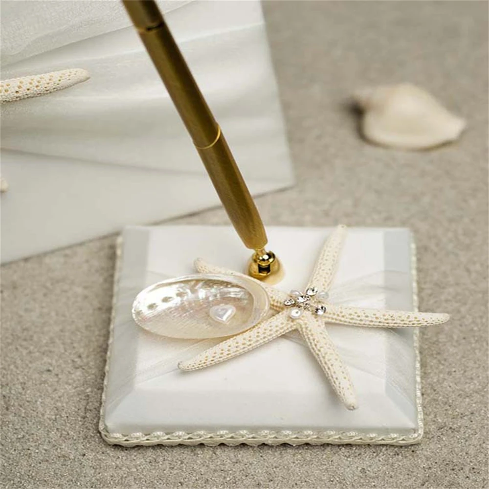 Beach Themed Guest Book and Pen Set with Sea Star and Seashell Wedding Decorations