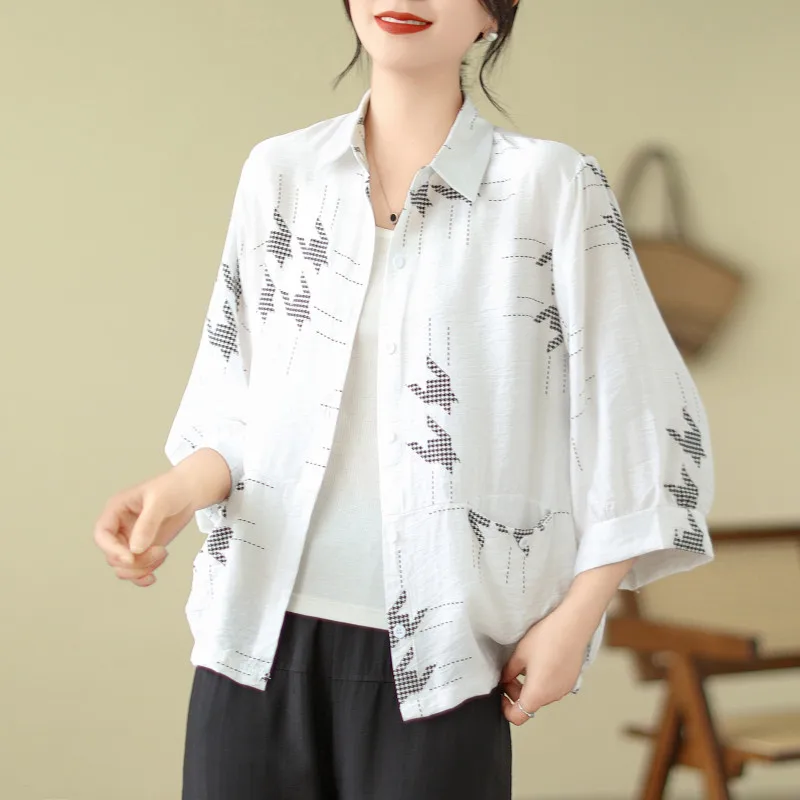 2024 Spring Autumn New Women's Turn-down Collar Pockets Button Versatile Fashion Casual Loose Commuter 3/4 Sleeve Shirt Tops spring and autumn women s pockets zipper the middle patchwork slim solid color fashion casual elegant commuter straight pants