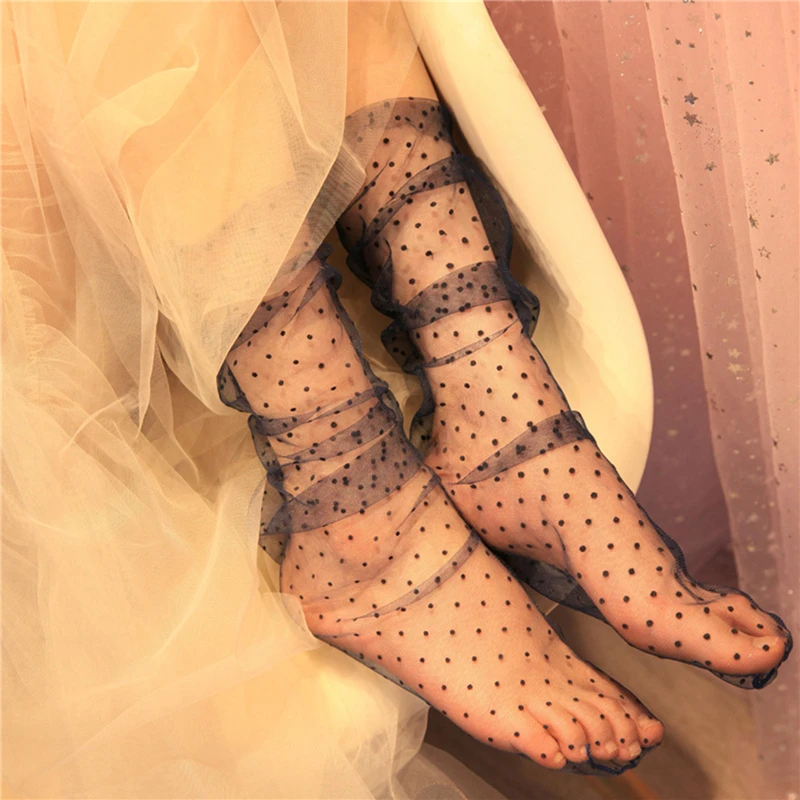 

1Pair Women Ruffle Fishnet Ankle Transparent Socks Lady Summer Sexy Polka Dot Mesh Lace Fish Net Short Socks Mesh Hosiery