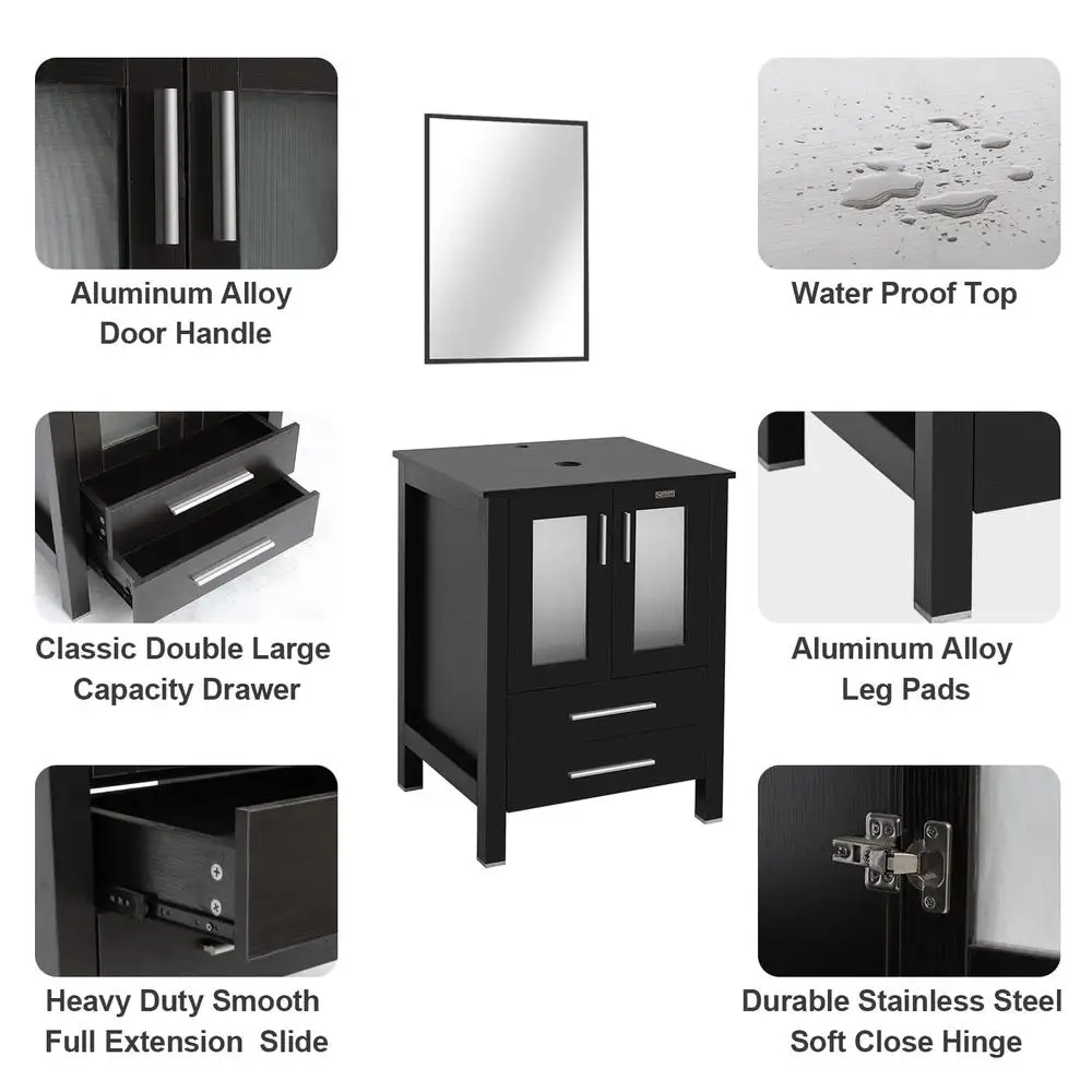 Modern 24" Black Bathroom Vanity Sink Combo with Blue Boat Glass Vessel Sink & Water Save Faucet & Storage Space & Easy Assembly 5