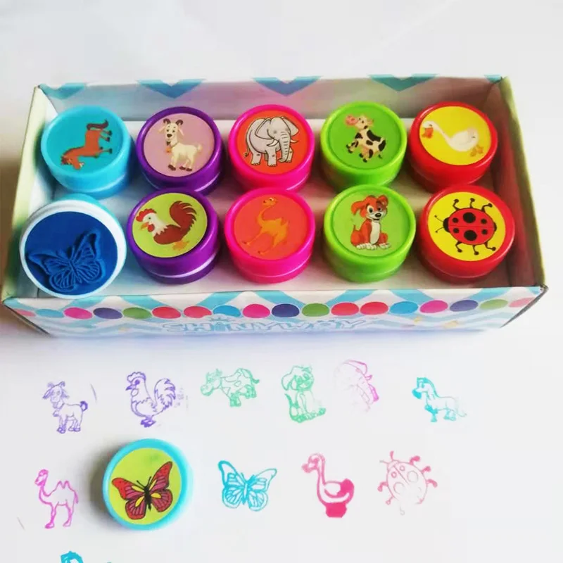 10 Pieces/box Children's Toy Stamp Cartoon Marine Animal Dinosaur Stamp DIY Painting Notebook Decoration Gift self ink stamps
