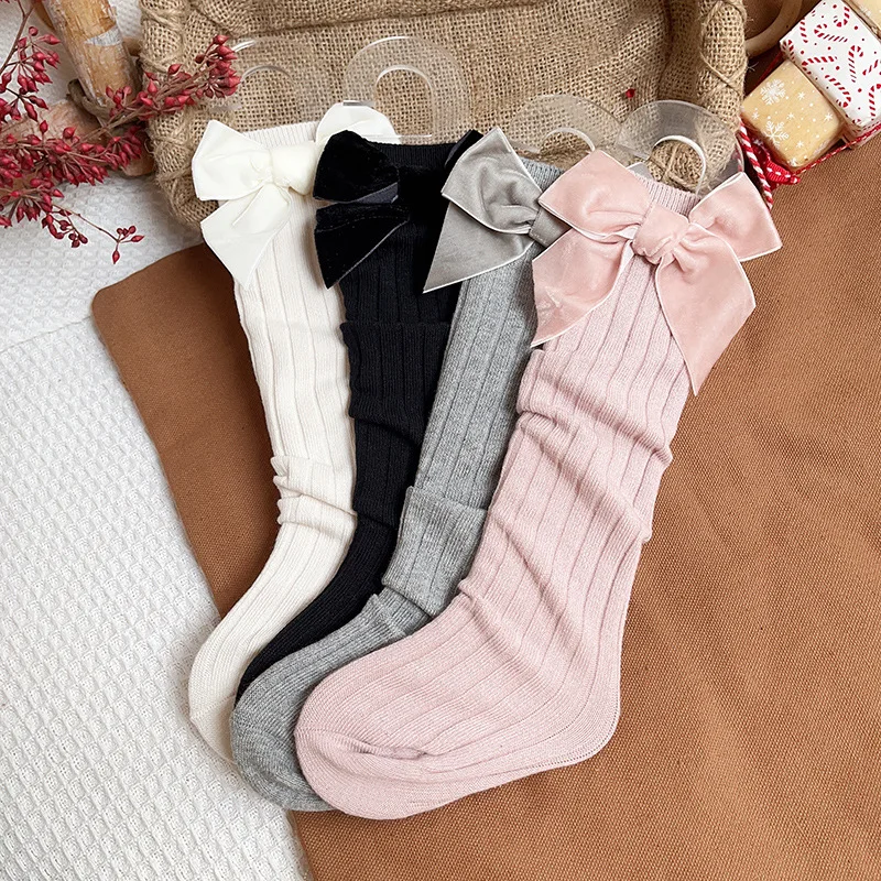 1 Pairs Baby Girls Socks Velvet Bows Knee High Long Soft Cotton Todders Socks Children Princess Spring Autumn Tube Socks 4
