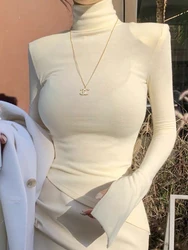 Autumn Winter Fashion Shoulder Pads Hem Irregular Beige Pullovers Sexy High Neck Long Sleeve Black Bodycon T-shirts Women 2023