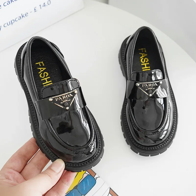 Children's Preppy Style Leather Shoes Spring Autumn Single Shoes British Style Black Bean For Boys